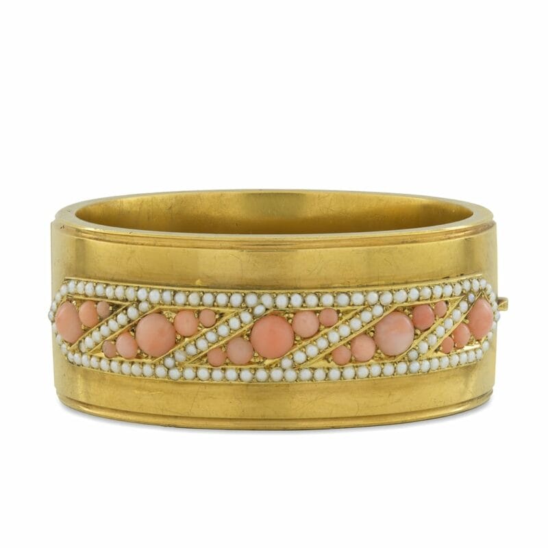 A Victorian Coral And Pearl Gold Bangle