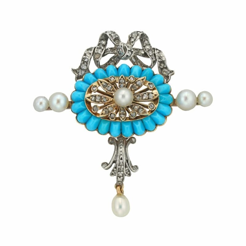 An Edwardian Turquoise, Pearl, And Diamond Brooch