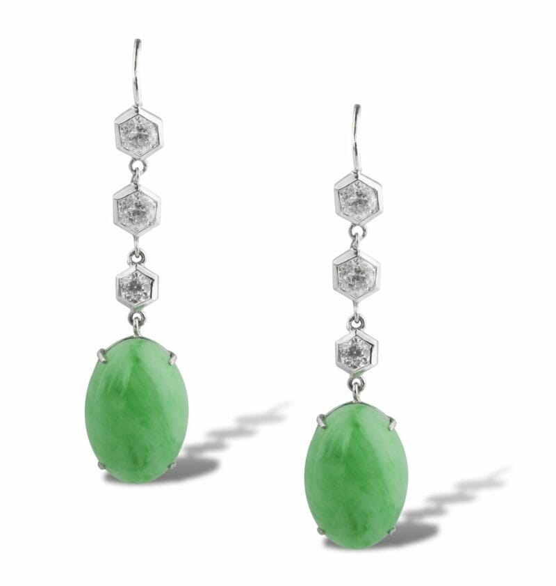 A Pair Of Art Deco Jade And Diamond Drop Earrings
