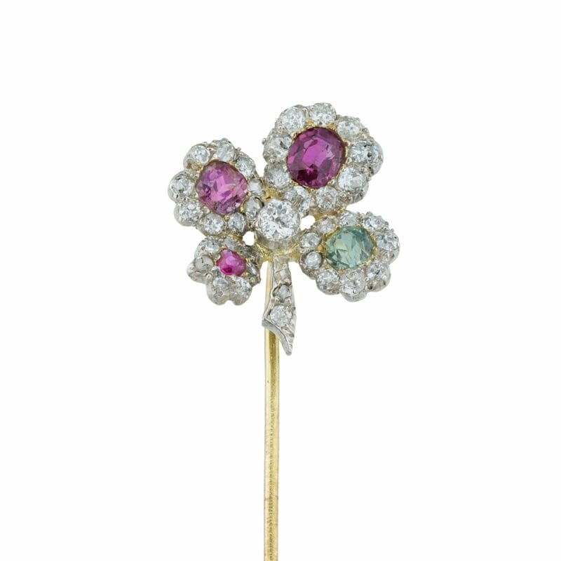 A Fancy Coloured Sapphires And Diamond Clover Stick-pin
