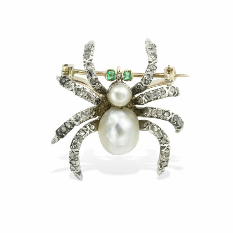 A Late Victorian Pearl, Diamond And Emerald Brooch