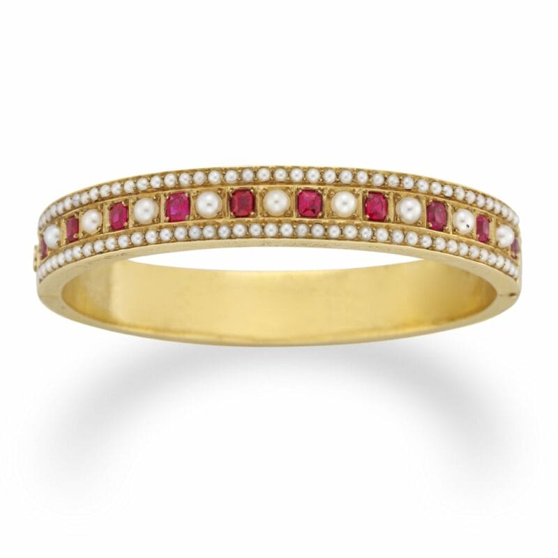 A Mid-victorian Ruby And Pearl Bangle