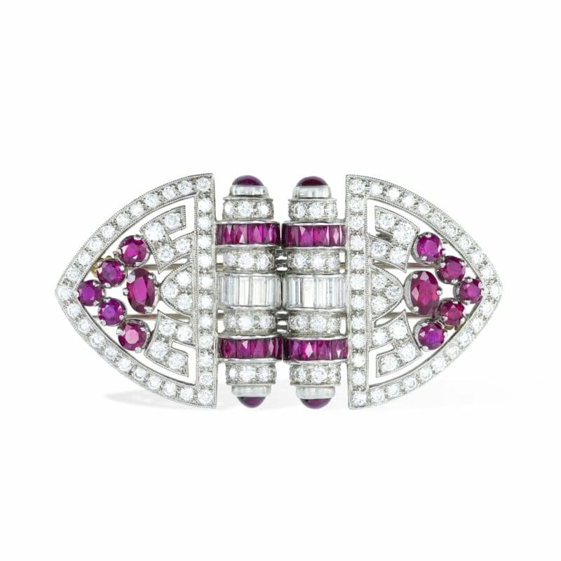 A Magnificent Art-deco Ruby And Diamond Double-clip Brooch