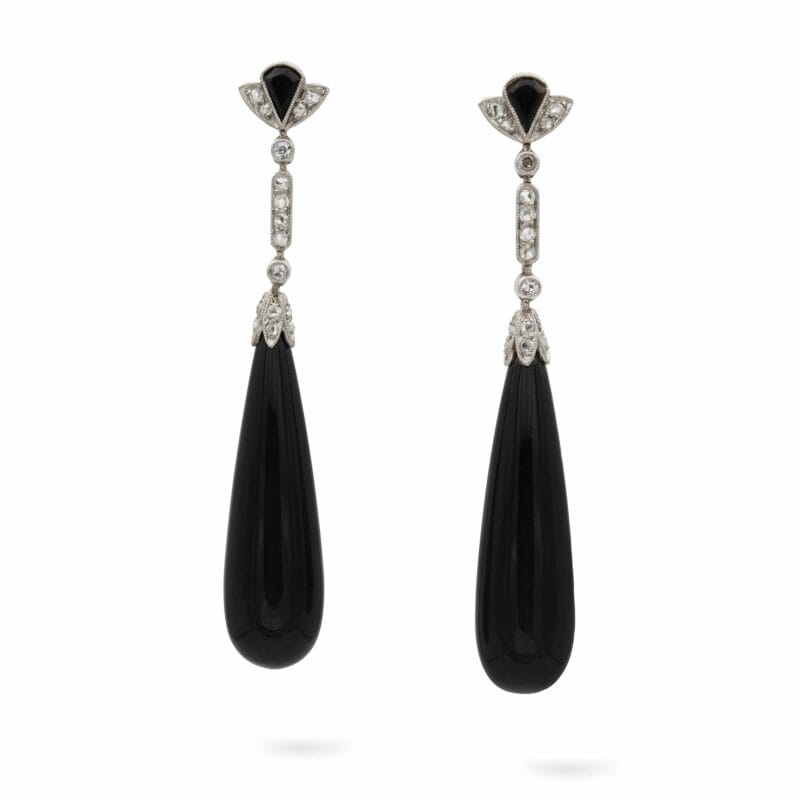 A Pair Of Art-deco Onyx And Diamond Drop Earrings