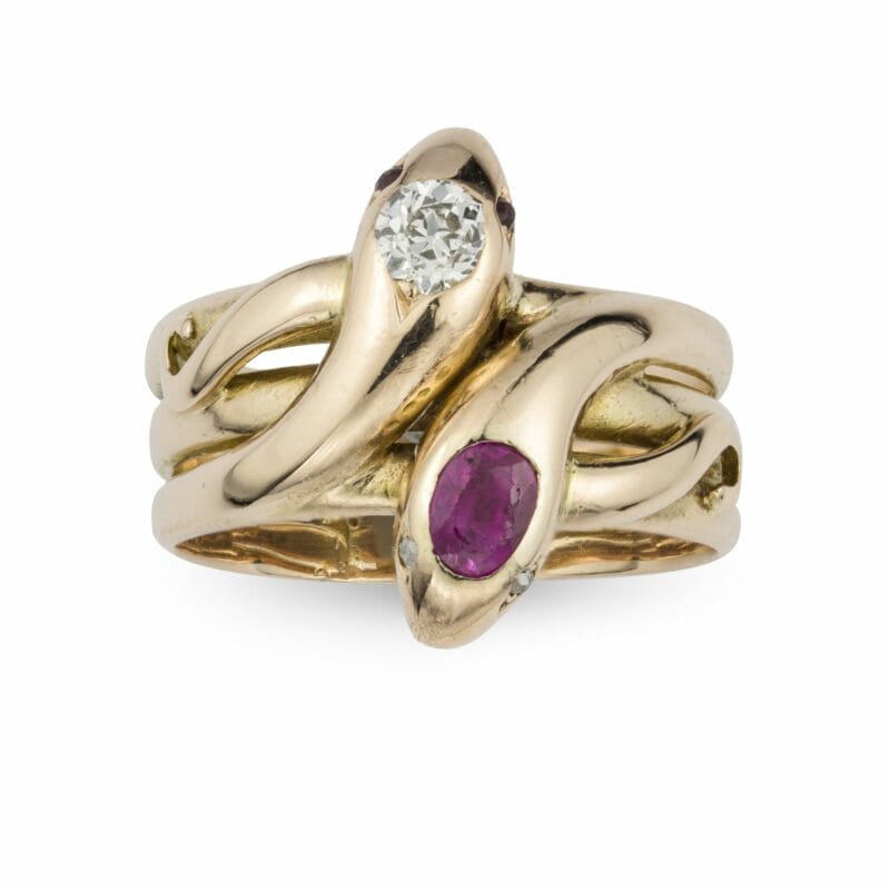 A Victorian Gold, Ruby And Diamond Twin Serpent Ring