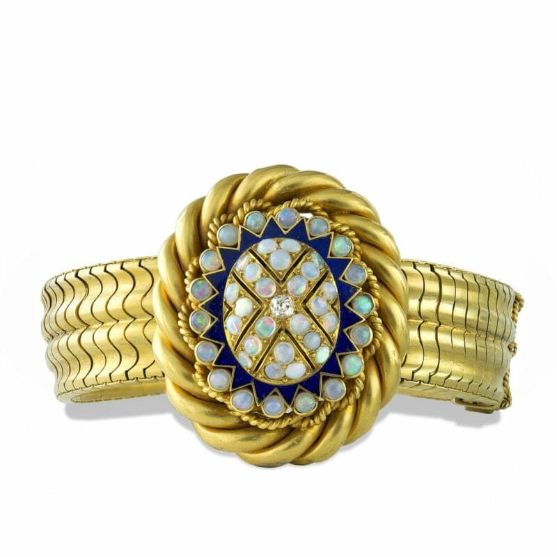 A Victorian Opal, Blue Enamel And Diamond Bracelet