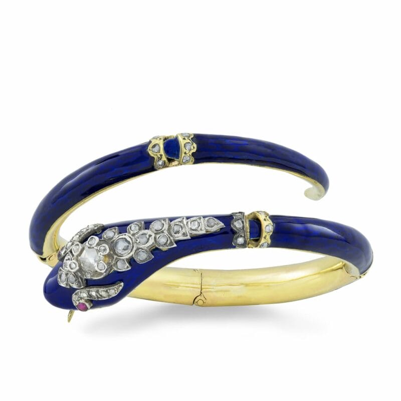 An Early Victorian Blue Enamel And Diamond Serpent Bangle
