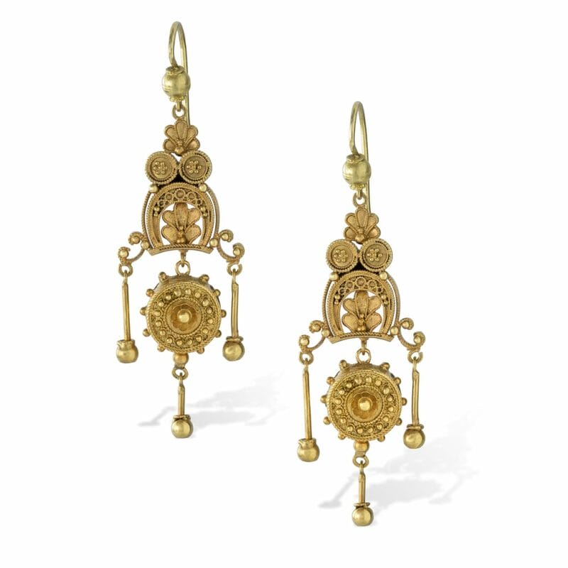 A Pair Of Gold Etruscan Drop Earrings