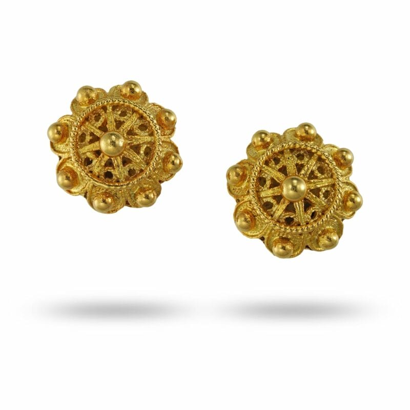 A pair of button filigree gold earrings