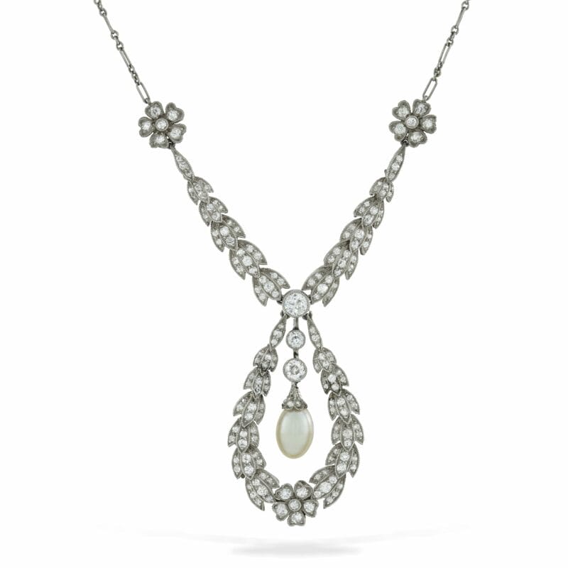 An Edwardian Diamond Laurel Necklace With Pearl Drop