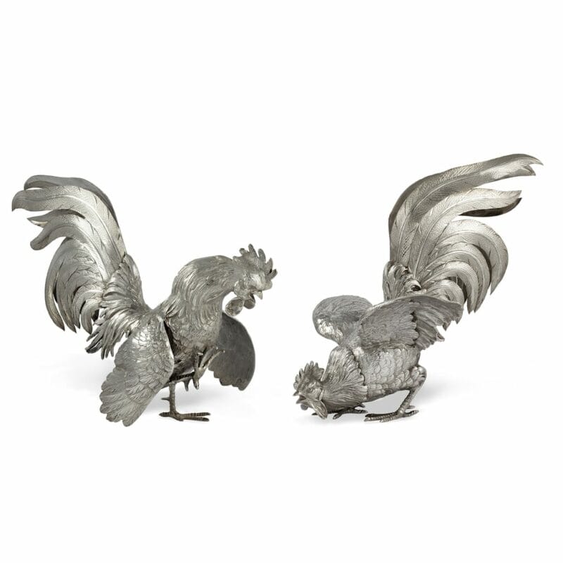A Pair Of Silver Cockerels By Edward Barnard