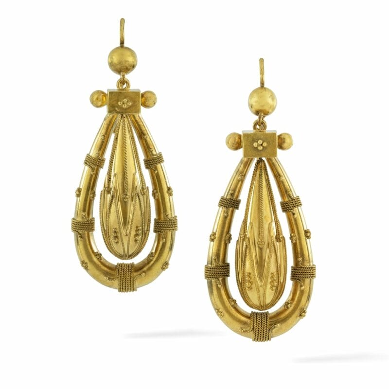 A Pair Of Victorian Etruscan Revival Gold Drop Earrings