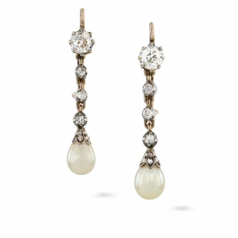 A Pair Of Natural Pearl And Diamond Drop Earrings