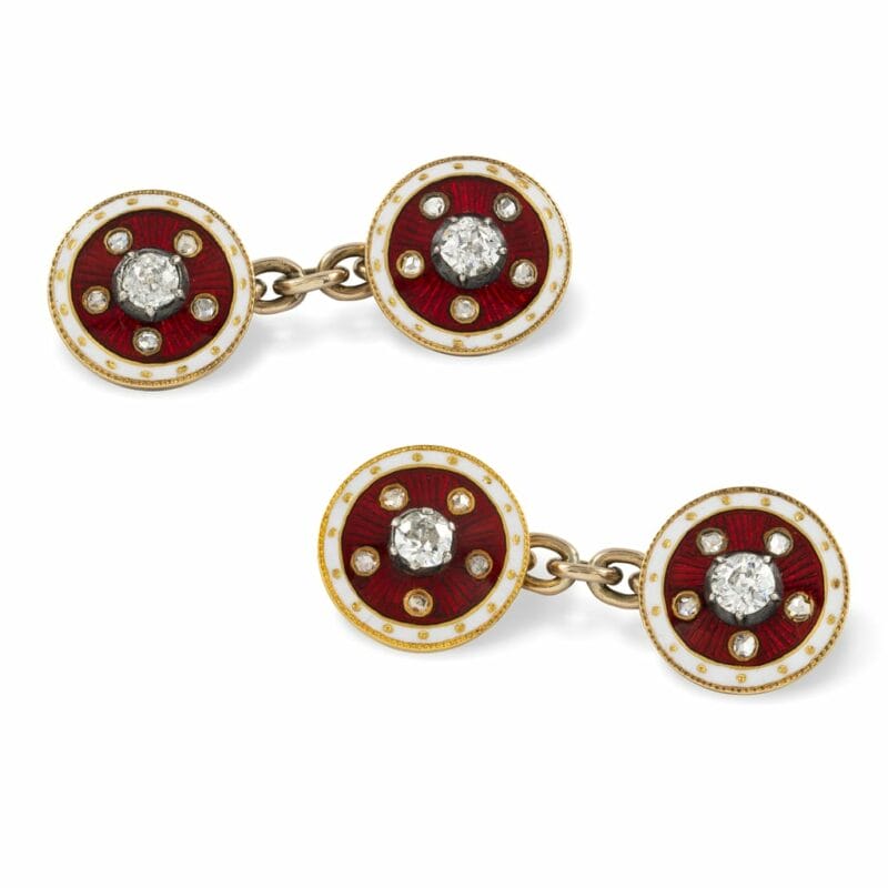 A Pair Of Victorian Diamond And Red Enamel Cufflinks