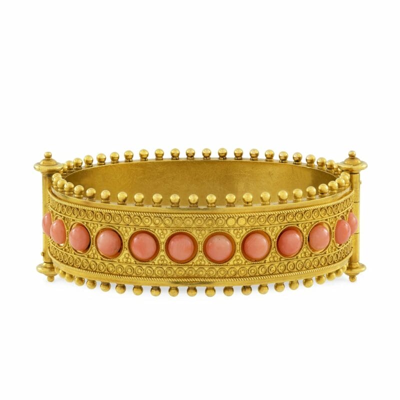 An Etruscan Revival Gold And Coral Hinged Bangle