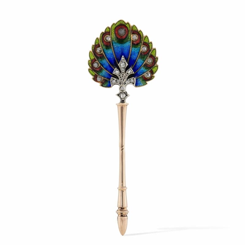 A French Fin De Siècle Enamel And Diamond Peacock Fan Pin