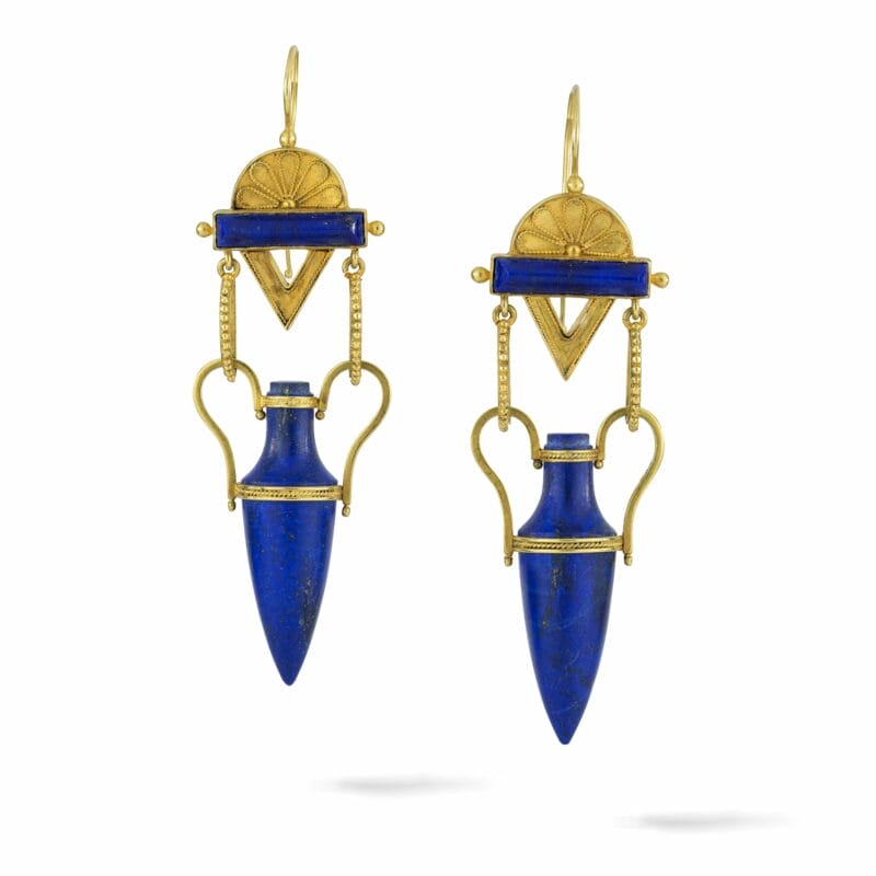 A Pair Of Archaeological Revival Lapis Drop Earrings