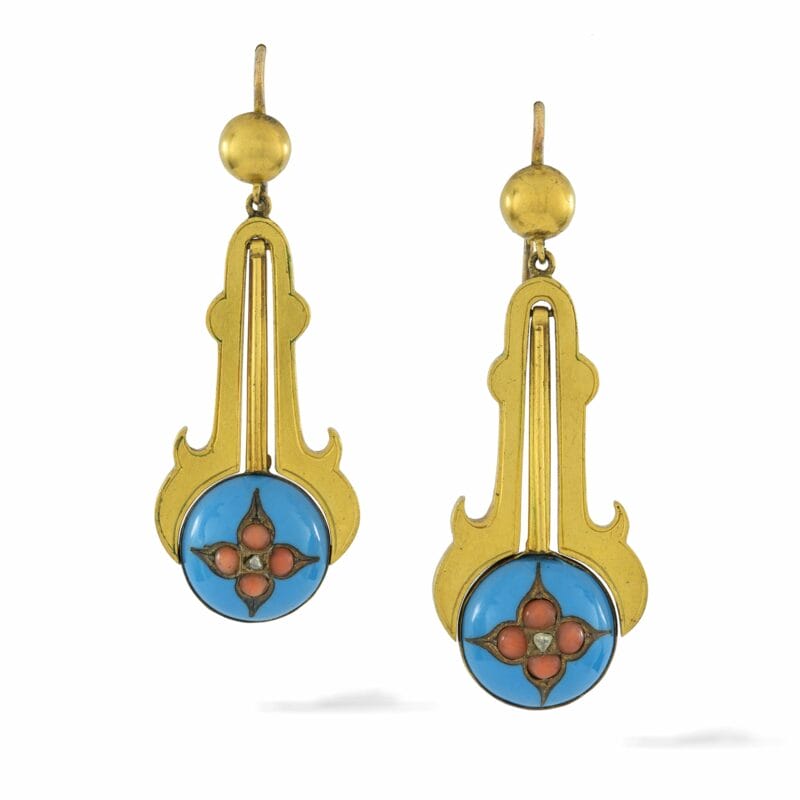 A Pair Of Victorian Enamel And Coral Drop Earrings