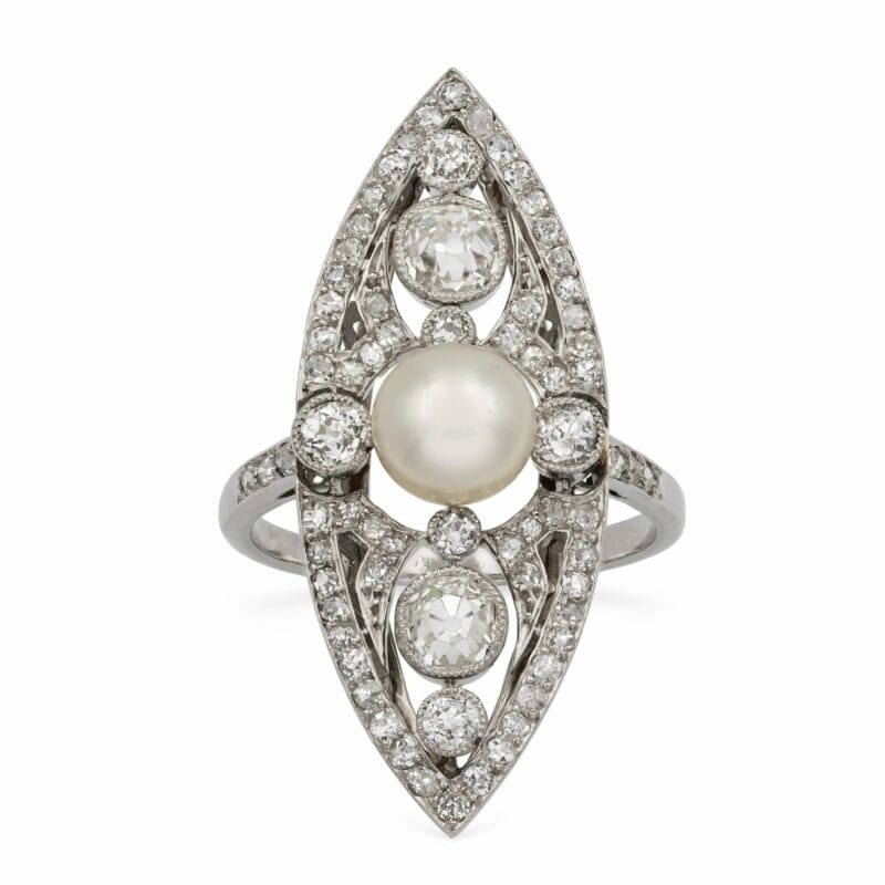 A Belle Epoque Natural Pearl And Diamond Navette-shaped Ring