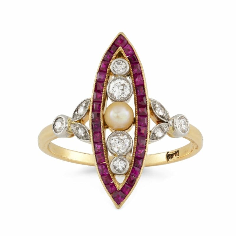 A Continental Pearl, Diamond And Synthetic Ruby Navette Ring