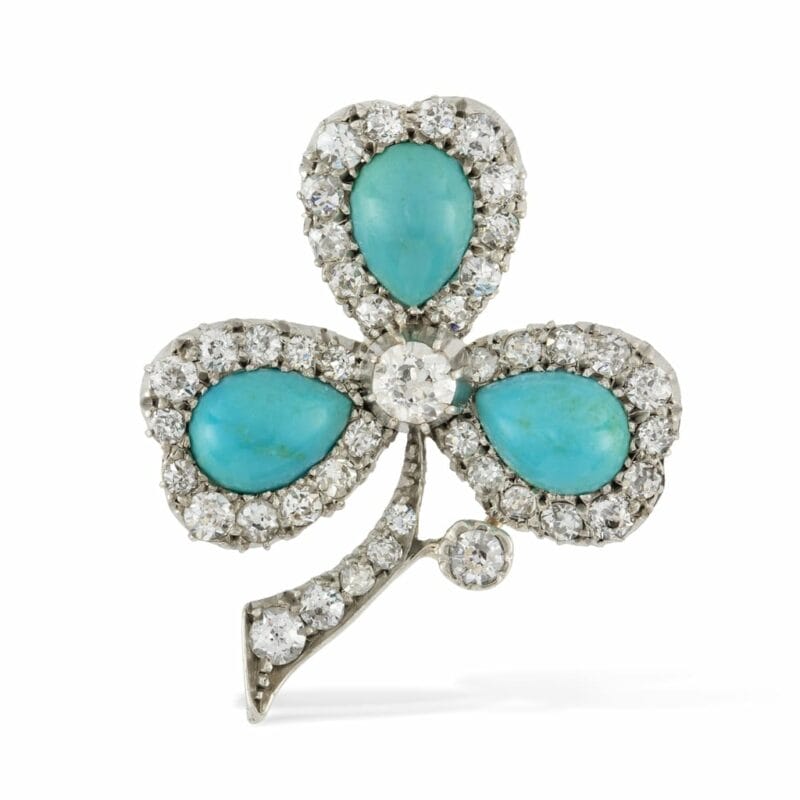 A Late Victorian Turquoise And Diamond Clover Leaf Brooch