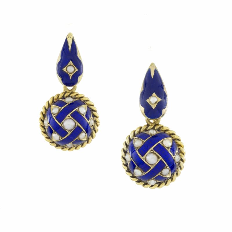 A Pair Of Victorian Blue Enamel And Pearl Drop Earrings
