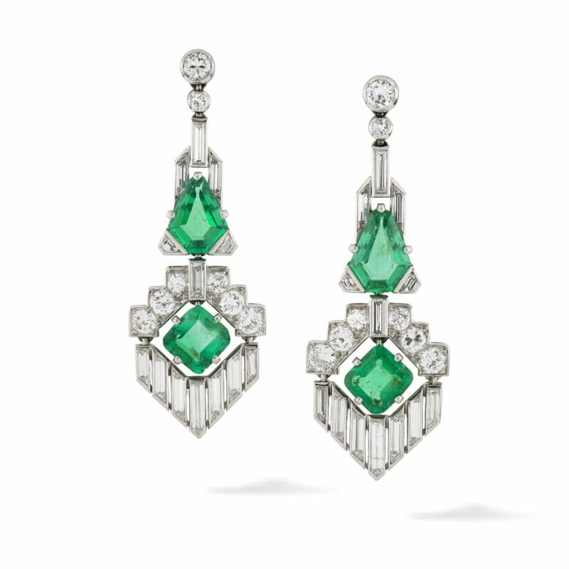 A Pair Art Deco Of Emerald And Diamond Drop Earrings