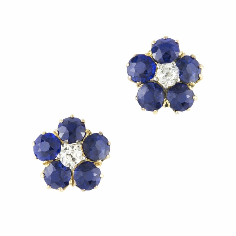 A Pair Of Diamond And Sapphire Cluster Stud Earrings