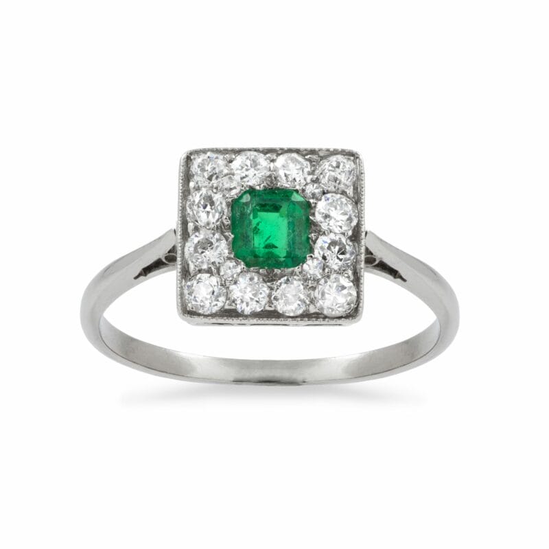 A Square Emerald And Diamond Cluster Ring