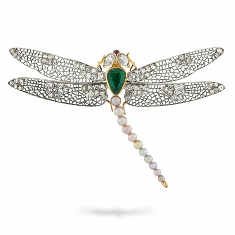 A Belle Époque Emerald, Diamond And Pearl Dragonfly Brooch