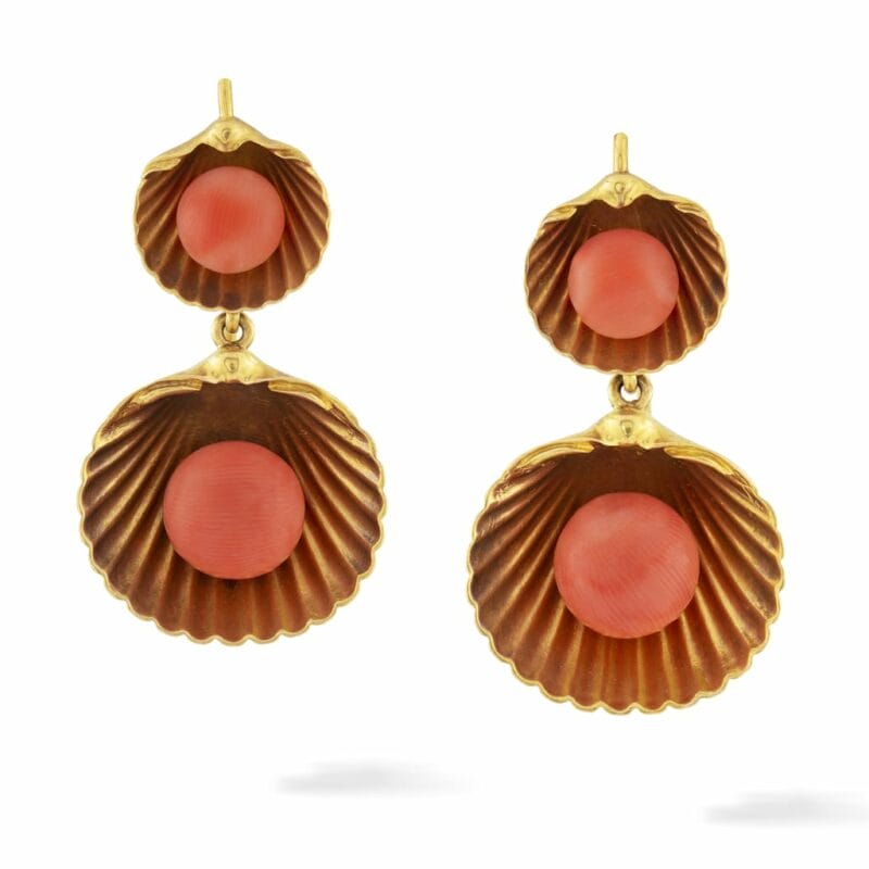 A Pair Of Victorian Yellow Gold And Coral Shell Earrings,