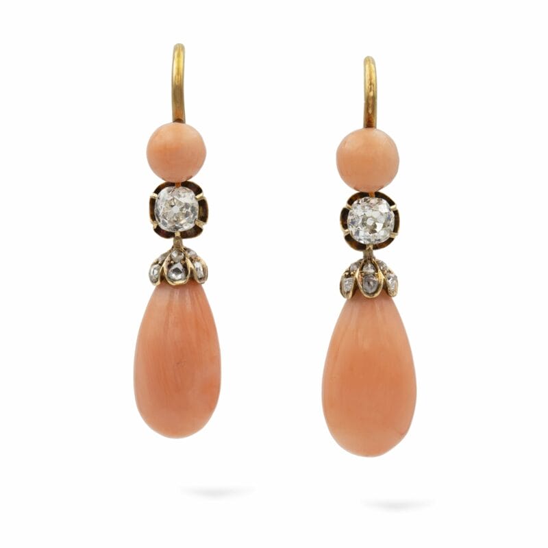 A Pair Of Late Victorian Coral And Diamond Drop Earrings