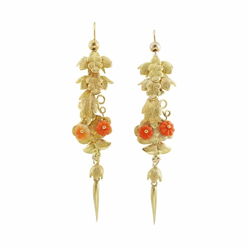 A Pair Of Early Victorian Gold And Coral Leaf Drop Earrings