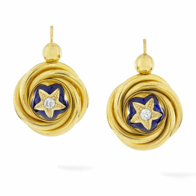A Pair Of Victorian Gold, Diamond And Enamel Drop Earrings