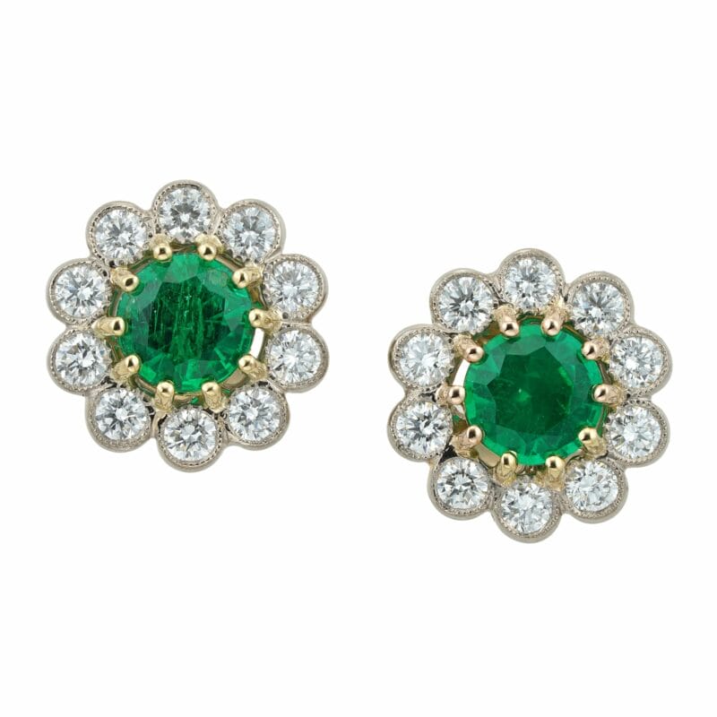 A Pair Of Emerald And Diamond Cluster Earrings