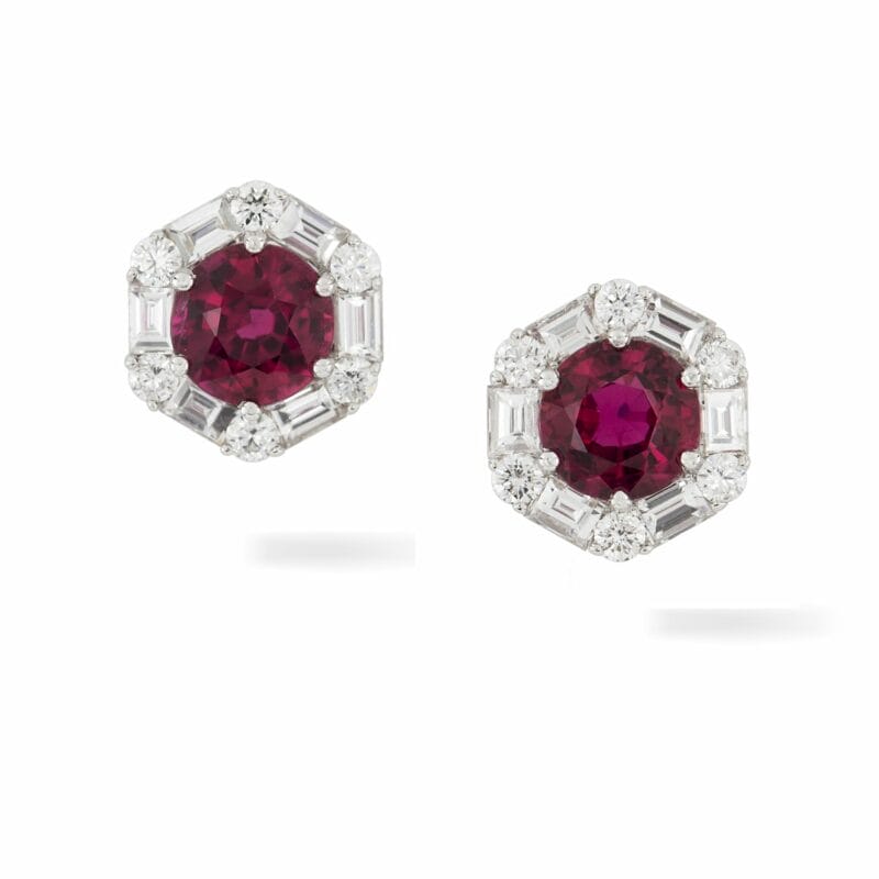 A Pair Of Hexagonal Ruby And Diamond Earrings