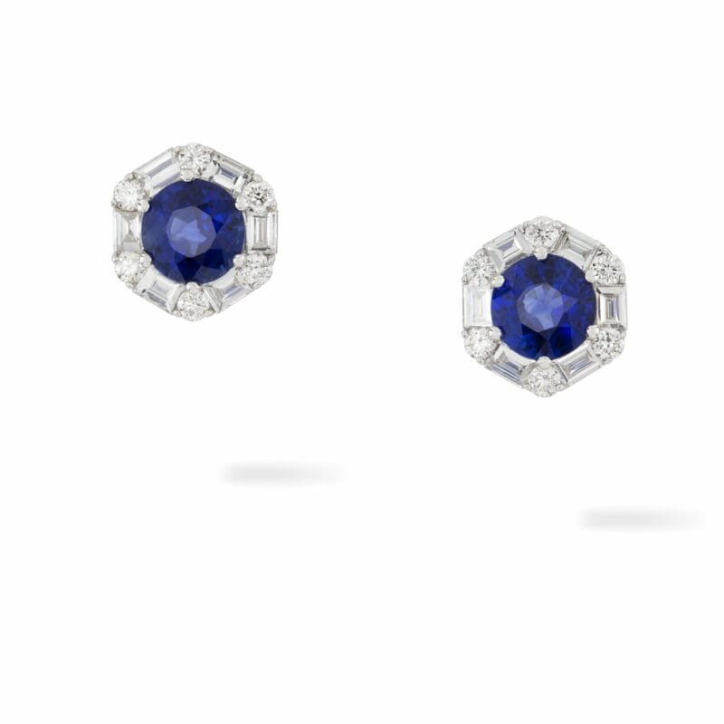 A Pair Of Hexagonal Sapphire And Diamond Earrings