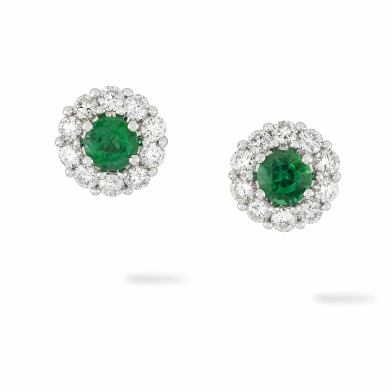 A Pair Of Emerald And Diamond Cluster Stud Earrings
