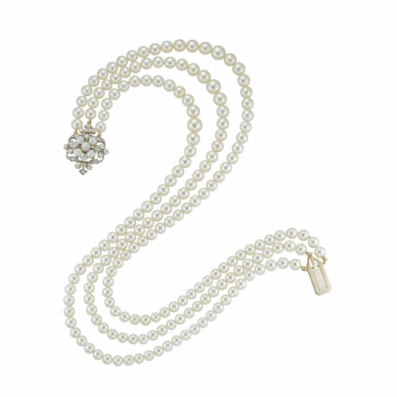 A Three Row Pearl Necklace With Victorian Clasp