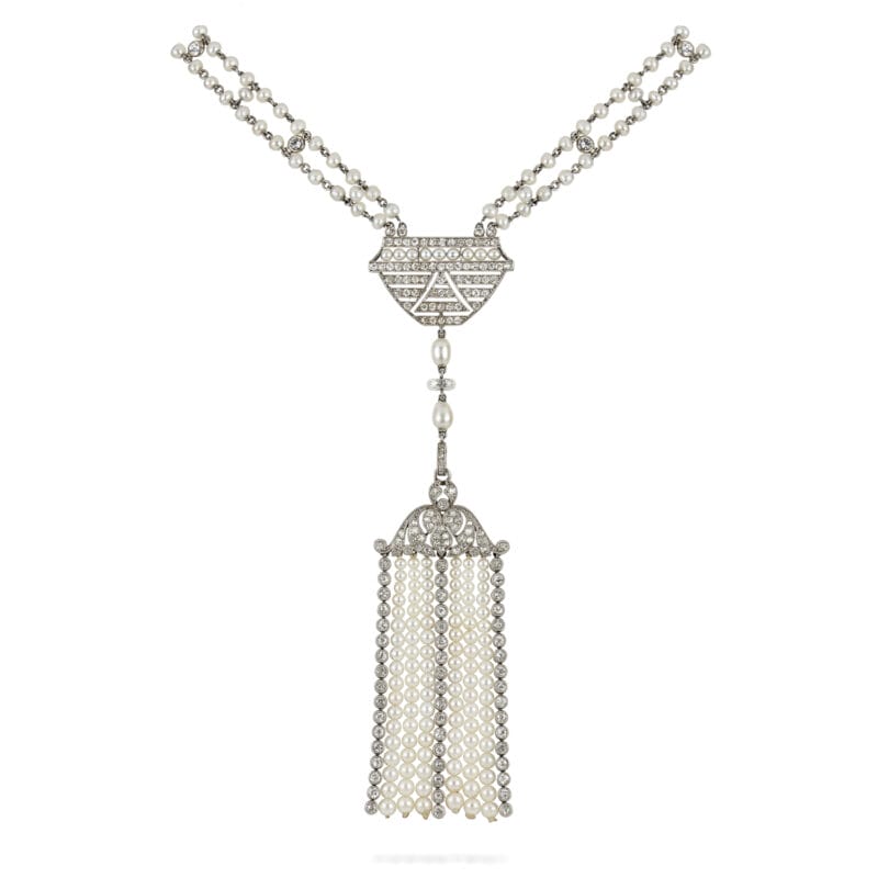 A Belle Epoque natural pearl and diamond sautoir necklace