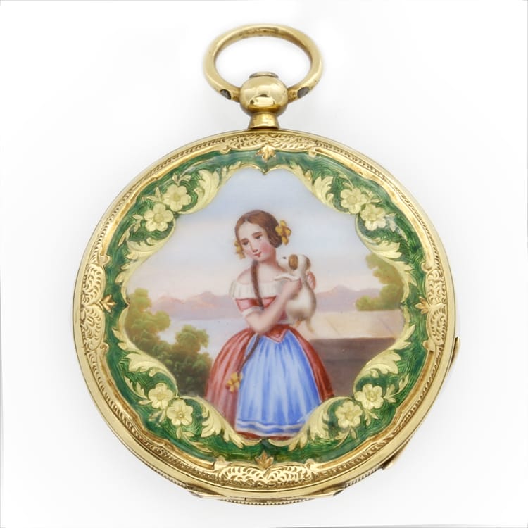 An Enamel Fob Watch Depicting A Young Girl With Puppy, C1840