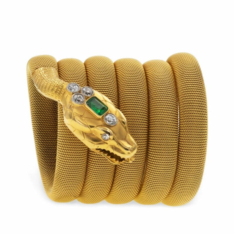 A 1920s Gold, Emerald And Diamond Snake Bracelet