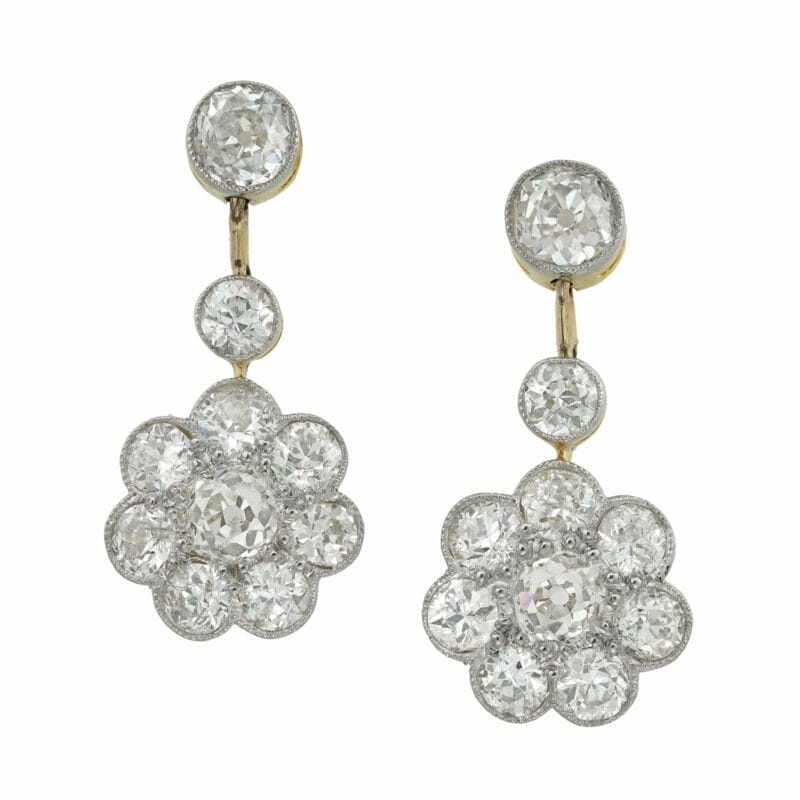 A Pair Of Edwardian Diamond Cluster Drop Earrings