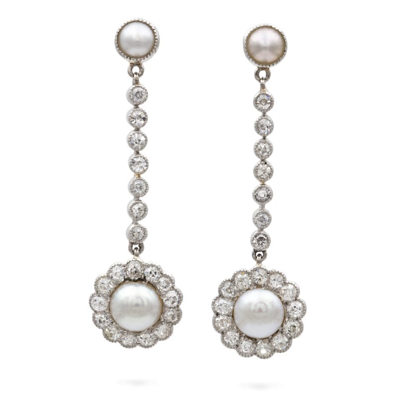 A Pair Of Edwardian Natural Pearl And Diamond Drop Earrings