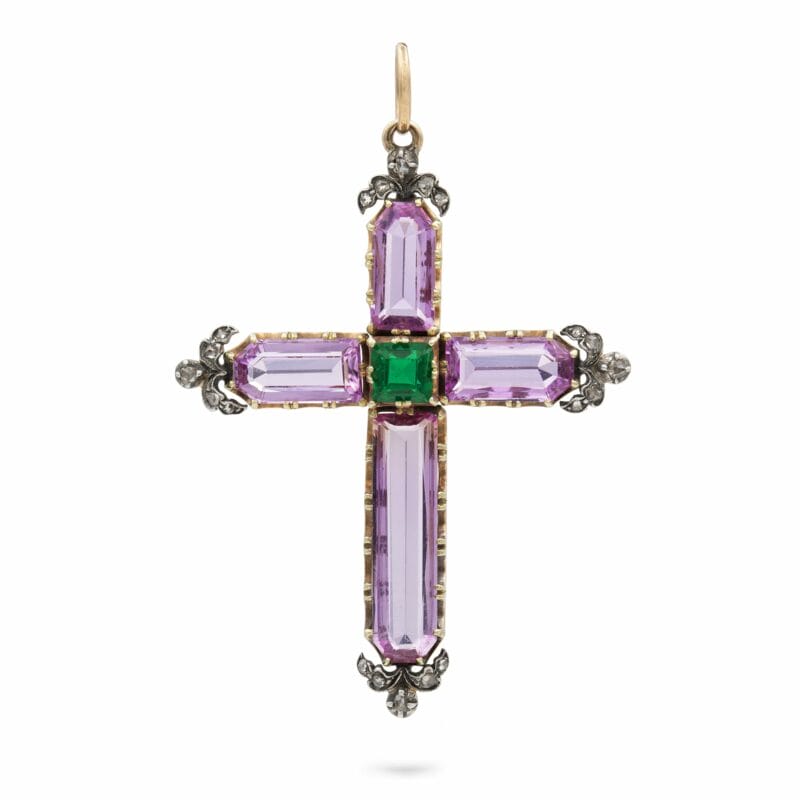 A Georgian Pink Topaz, Emerald And Diamond Cross