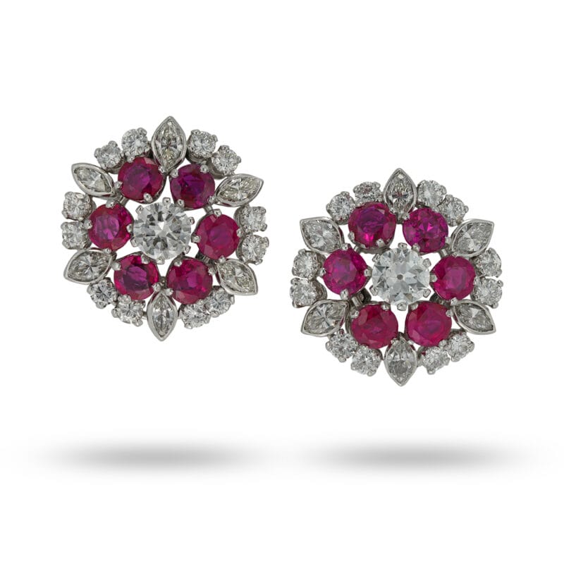 A Pair Of Vintage Ruby And Diamond Cluster Earrings