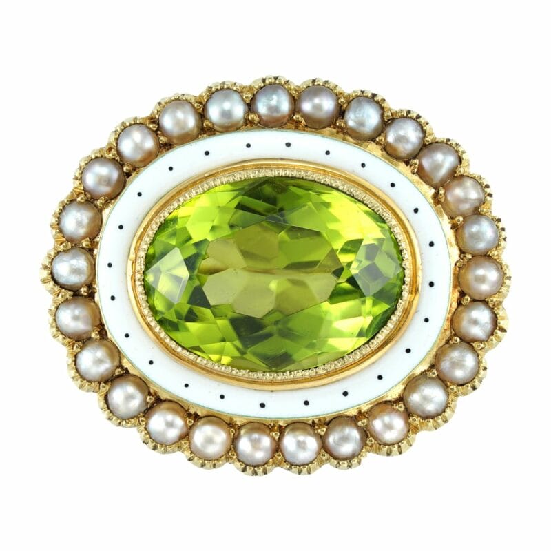 An Edwardian peridot, pearl and enamel brooch