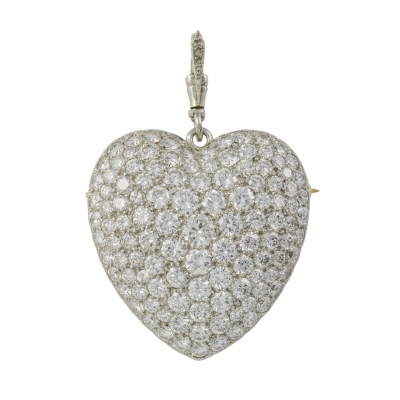 A Large Pave Diamond Set Heart Brooch Pendant
