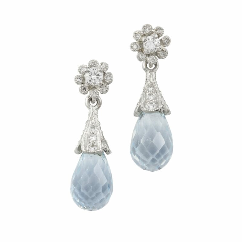 A Pair Of Diamond And Aquamarine Briolette Drop Earrings