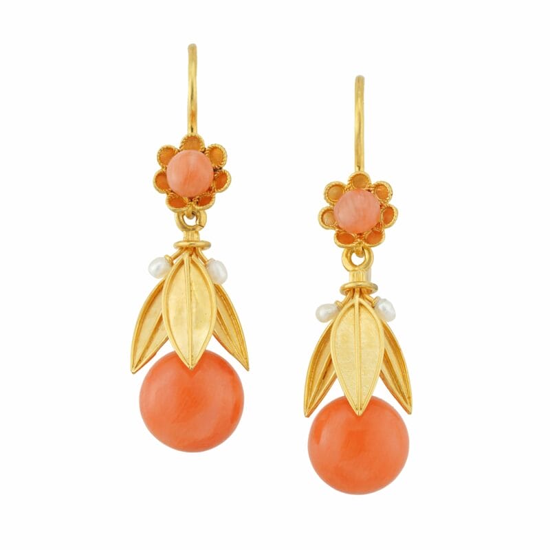 A pair of Etruscan Revival Coral and Gold Drop Earrings